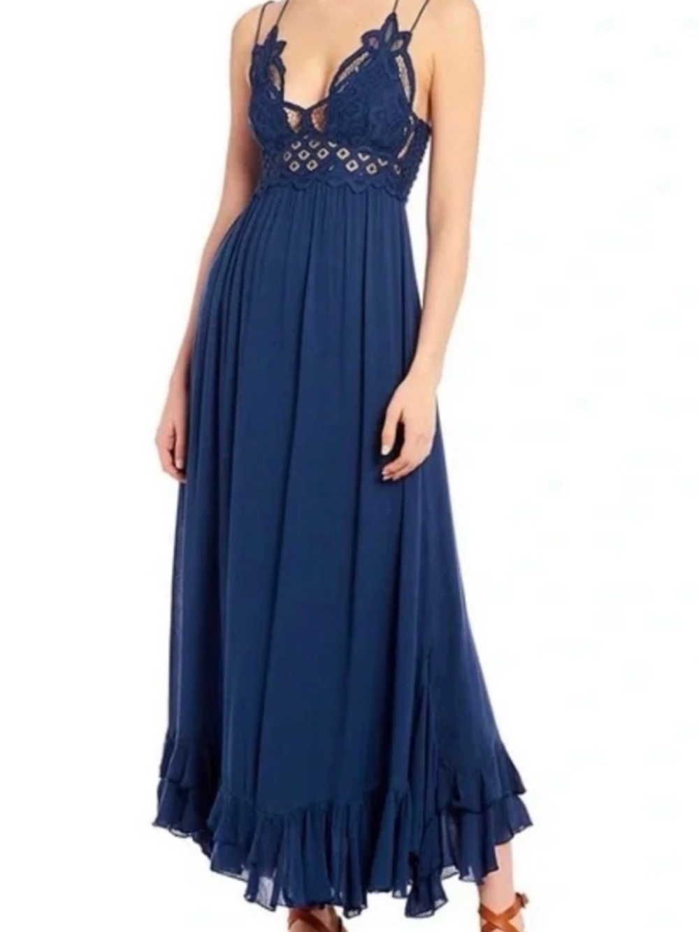 Free People Navy Maxi Dress with Lace Bodice and Crisscross Straps